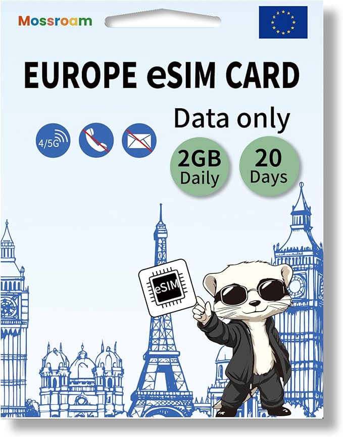eSIM for Europe Travel,2GB Data/Daily 20 Days at 4G/5G speeds,Data Only eSIM,Use Europe eSIM in UK & 30+ Countries in The EU