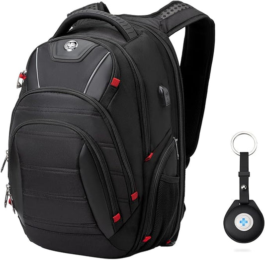 Swissdigital Design Travel Backpack for men with Apple Find My, TSA Friendly USB Charging RFID Protection Business Backpack Fits 15.6" Laptops Black | J14-BR