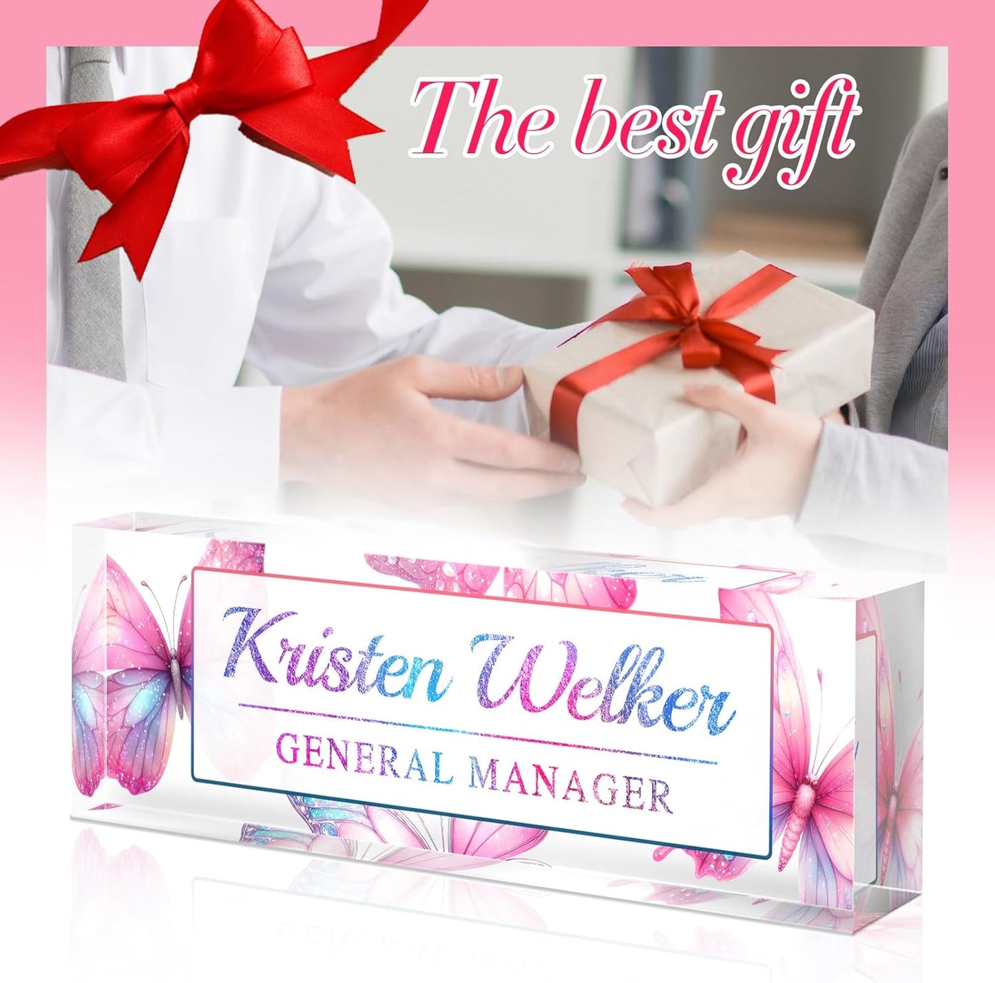 Personalized Name Plate for Desk - Custom Engraved Name Plates for Man - Boss Day Gifts for Boss - Acrylic Office Decor Appreciation Gifts for Teacher Nurse Coworker Social Worker (Pink Butterfly)