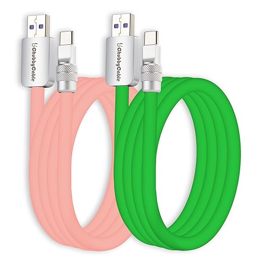 chubbycable Couple Chubby 2-Pack 120W USB C Cable Extra Thick Silicone Fast Charging Cable Compatible with iPhone 17-15 Series iPad Galaxy Series, Pink+Green, USB-A to Type-C, 13.1FT