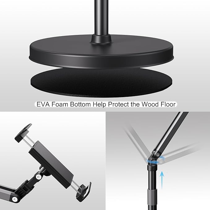 Tablet Stand for iPad Floor Phone Stand for Bed, Meeting, Vlogging, Compatible with Kindle, Galaxy Tab, Adjustable Height, Tablet Holder with Ultra-Long Extension Arm, 360° Swivel