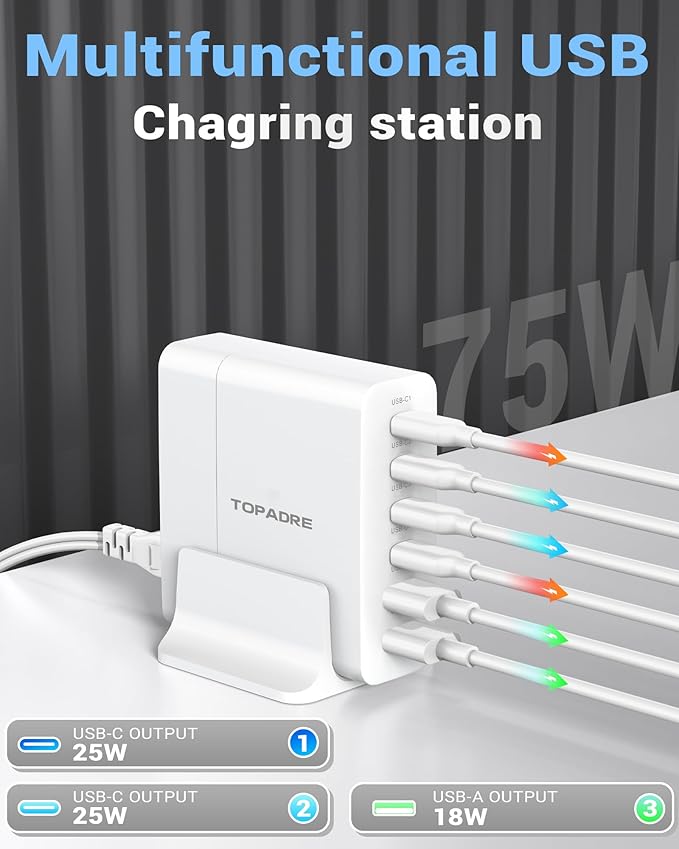 USB C Charger Block 80W, 6 Port Fast Charging Station Powered USB C Hub PD Charger for iPhone 15/14/13 Pro Max, iPad Pro/Air/Mini, Galaxy S24/S23, MacBook Pro/Air, Google Pixel, Black
