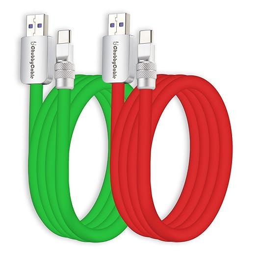 chubbycable Couple Chubby 2-Pack 120W USB C Cable Extra Thick Silicone Fast Charging Cable Compatible with iPhone 17-15 Series iPad Galaxy Series, Green+Red, USB-A to Type-C, 13.1FT