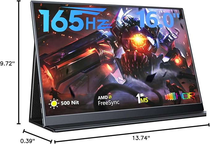 165Hz Portable Gaming Monitor, 16" 1920x1200 500 Nits Laptop Monitor, Second Computer Display with Speakers, Dual Screen Travel Monitor for PC Phone PS5/4 Xbox Switch