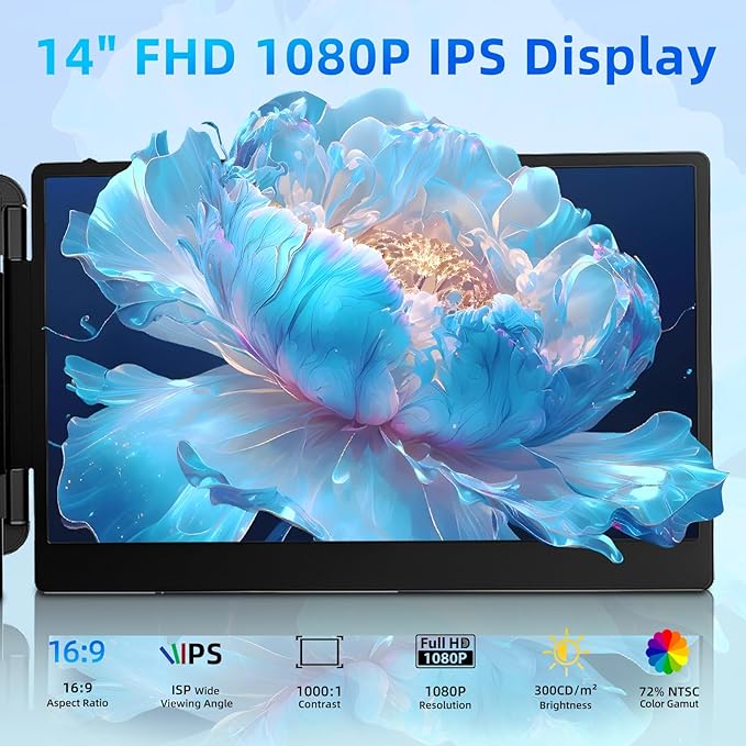 Laptop Screen Extender Travel Monitor - 14" Dual Portable Monitor IPS FHD 1080P Travel Work Extra Screen Plug and Paly USB-C HDMI Port Compatible with Wins Mac Chrome Dex Fits 13-17" Laptops