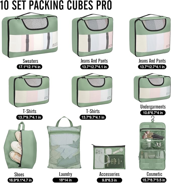 Veken 10 Set Packing Cubes for Travel Essential, Suitcase Organizer Bags in 4 Sizes, Carry-On Luggage Accessories with Large Laundry & Hanging Toiletry Bag, Must-Have for Airplane, Road Trip & Camping