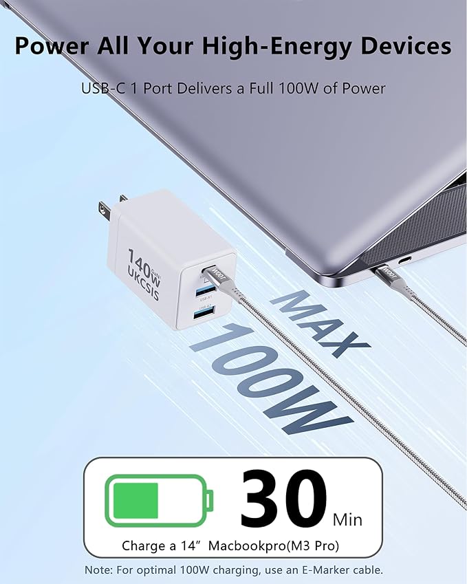 140W Mac Book Charger, USB C Fast Charger Foldable 3-Port Multi-Device Fast Power Adapter, USB C Charger for MacBook pro/Air, Dell, Samsung Galaxy, iPad Pro, and More (White)