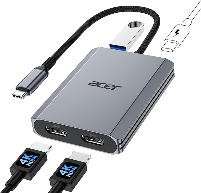 Acer USB C to Dual HDMI Adapter 4K@60Hz, 4-in-1 HDMI Splitter for Dual Monitors with 100W PD, USB 3.0, Docking Station Dual Monitor Compatible with Acer, MacBook Air/Pro, Dell XPS, HP, etc