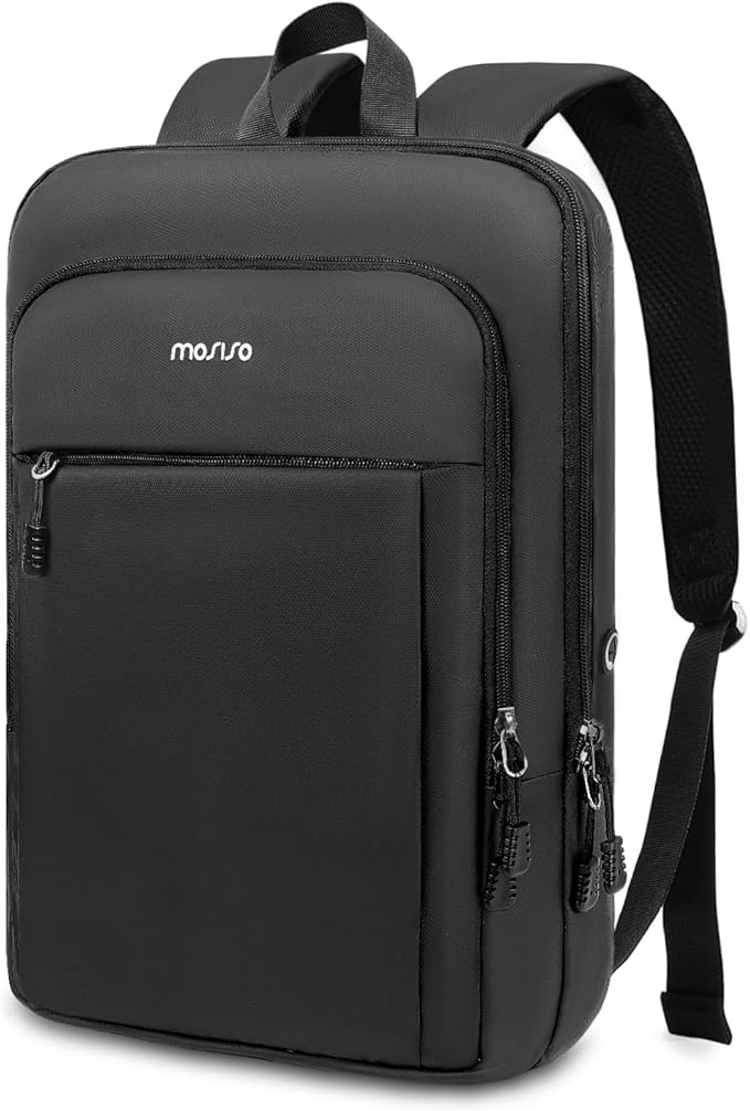 MOSISO Laptop Backpack for Men, Slim Lightweight Compact Computer Backpack for College Work Business Office Travel, 17.3 inch Waterproof Commute Laptop Bag Casual Daypack with Luggage Strap, Black
