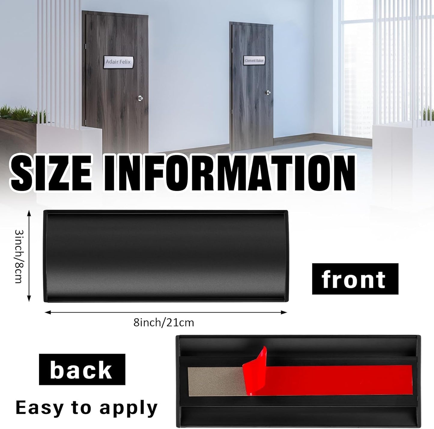 Therwen 12 Pcs Aluminum Office Name Plate Holder for Door Wall Mount 8'' x 3'' Business Sign Holder Office Door Sign Sturdy Curved with Plastic Film and Adhesive Tape (Black)