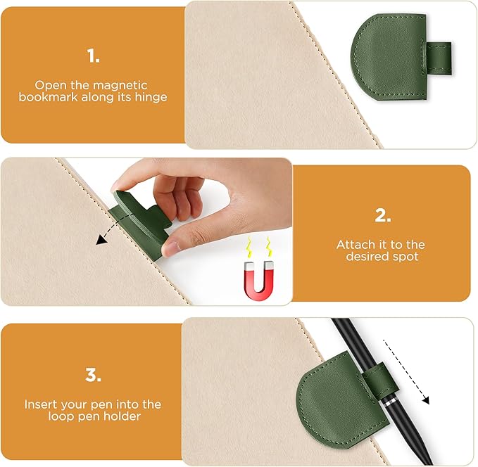 Magnetic Pen Loop Holder, Pencil Holder for Notebooks, Journals, Calendars, PU Leather 3 Pack