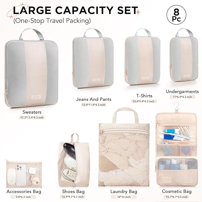 8 Set Compression Packing Cubes for Travel Essentials,Compressible Expandable Packing Cubes for Suitcase,OlarHike Luggage Organizer Bags for Travel,Handy Helper for Organizing Clothes(Beige)