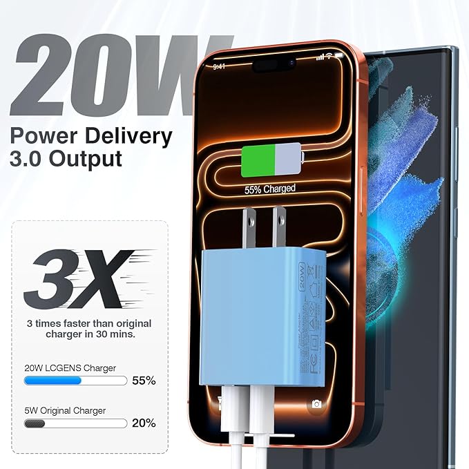 [20W/2Pack] Fast Charger Block, USB C Wall Charger, Charger Cube, Dual Port PD Fast Charging Block Brick Compatible for Watch Series 10 iPhone 16 17 Pro Max Airpod Brick Plug Power Adapter, Blue