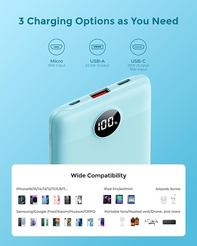 VEEKTOMX Small Portable Charger 10000mAh, Mini Power Bank 22.5W Fast Charging, Slim & Lightweight Travel Essentials, 3-Output External USB C Battery Pack Compatible with iPhone 17 16 15 (Cyan)