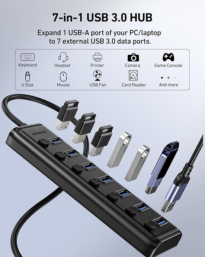 BENFEI USB 3.0 Hub 7-Port, Ultra-Slim Portable USB Splitter with 3.3ft Cable - Compatible with MacBook Pro/Air,Mac Pro, Mac Mini, iMac, Surface Pro, XPS, PC, Flash Drive, Mobile HDD (No Charging Port)