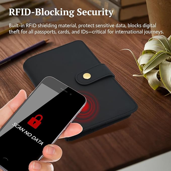 Full Grain Leather Passport Wallet, RFID Blocking Passport Holder with Tracker Slot, Multi Compartment Travel Wallet for Women & Men, Secure Passport Cover Case for Airport Essentials (Black)