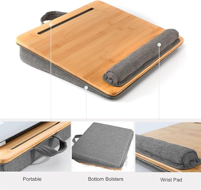 Lap Desk for Laptop with Cushion, Bamboo Laptop Stand with Anti-Slip Strip Tablet Phone Holder, Fits up to 15.6 inch Portable Computer Lap Desk for Couch, Bed & Car