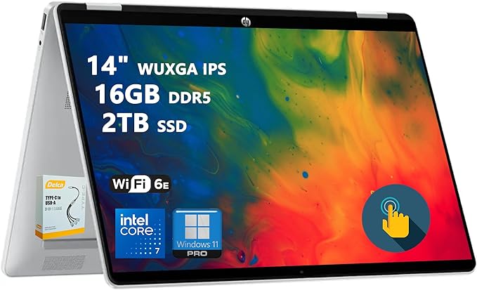 HP OmniBook 5 Flip 2-in-1 Laptop | 14" WUXGA IPS Touchscreen | 10-Core Intel Core 7 150U | 16GB DDR5 2TB SSD | Backlit Keyboard Wi-Fi6E 5MP IR Privacy Camera Win 11 Pro w/DLCA Accessory