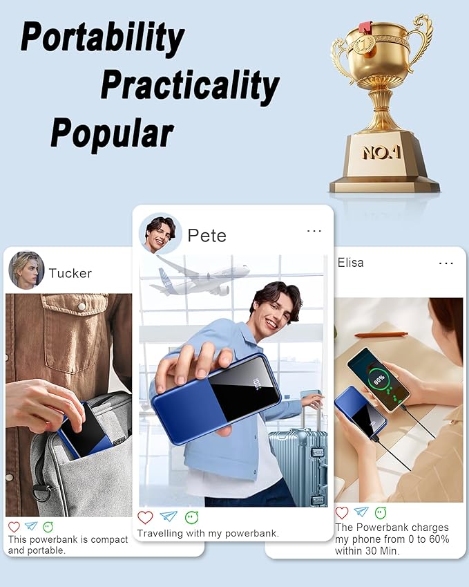 Portable Charger Power Bank, 10000mAh 22.5W Mini Portable Battery Fast Charging Battery Pack Travel Essentials, PD 3.0 QC 4.0 External Phone Powerbank for iPhone Android Samsung and USB/USB-C Devices