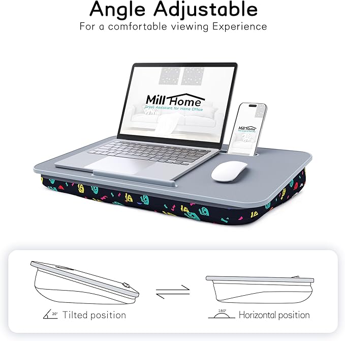 Millhome Lap Desk | Portable Laptop Desk – Fits Up to 17.3" Laptops – Detachable & Washable Cushion, Phone Holder, Device Ledge – for Writing, Working, Reading on Bed, Couch, Sofa, Floor – Black Skull