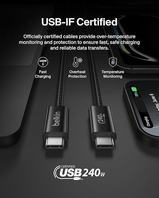 Belkin USB C to USB C Cable, 6.6ft, 240W - Type C Charger, iPhone Charger Cord, Soft, Braided, Flexible for iPhone 17, Galaxy S25, Pixel 10, MacBook, Chromebook, iPad Pro, Switch Steam Deck – Black