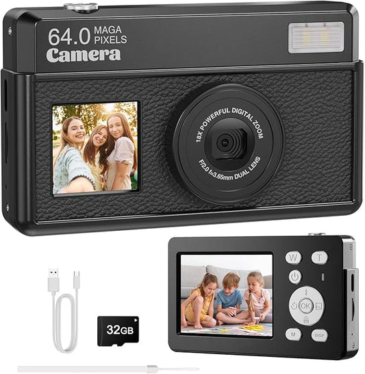 4K Digital Camera, 64MP FHD Autofocus Compact Camera with 32G SD Card with 2.8" Large Screen, 18X Digital Zoom, Portable Mini Camera for Photography, Suitable for Kids,Adult,Beginners