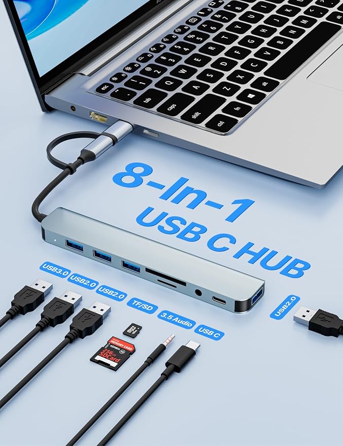 USB C/USB Hub Multiport Adapter,USB 3.0 Hub Aluminum 8 in 1 USB Splitter with SD/TF Card Reader,1 x USB 3.0, 3 x USB 2.0, 1 x USB C,and 3.5mm Audio Output for MacBook Pro Air,iPad Pro,Laptop