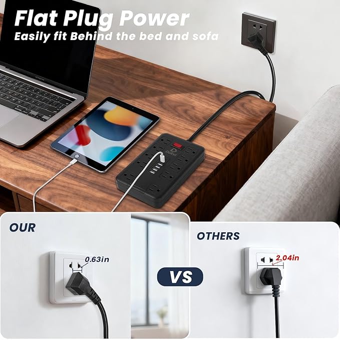 Surge Protector Power Strip with 10 Widely-Spaced Outlets & 6 USB(2USB C) Ports, 10ft Flat Plug Extension Cord Wall Mountable, Desktop Charging Stations for Home Office Bedroom Kitchen