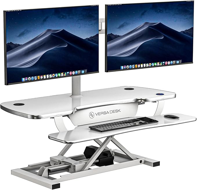 VERSADESK® Electric Standing Desk Converter, 40 Inch Large PowerPro™ Height Adjustable Sit to Stand Desk Riser with Keyboard Tray, Built-in USB Charging Outlet, Ergonomic Workstation, White