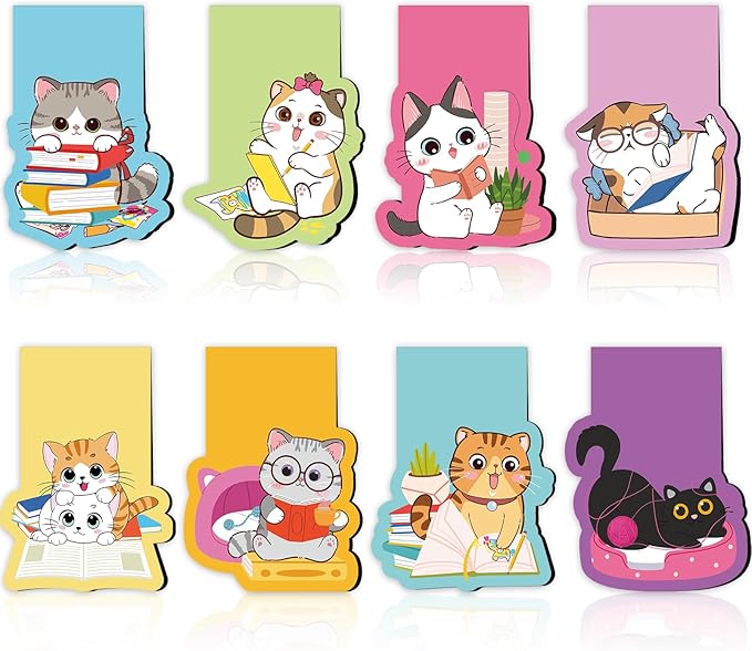 Cats Magnetic Bookmarks Gifts - 8Pcs Cute Cats Magnetic Bookmark Cartoon Cat Bookmark Magnets Page Clip Gifts Pet Book Mark Magnets Cat Lover Gifts for Book Lovers Students Teacher Reading