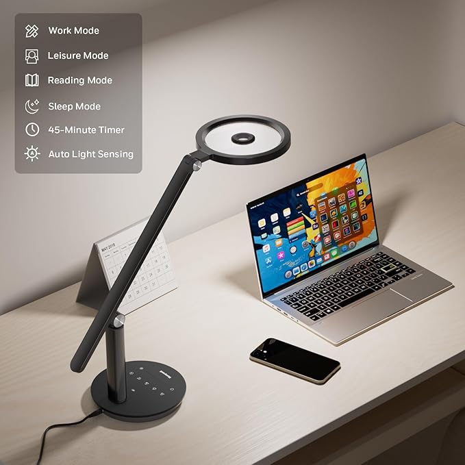 Honeywell Desk Lamp for Home Office, H6 Sunturalux™ Eye-Caring Led Desk Light, 800LM Dimmable Desk Lamp with Timer, Touch Control Tall Desk Reading Light, Table Lamp for Circle Webcam, Study, Bedroom