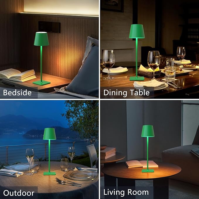 Green Cordless Table Lamp Set of 2-3 Color Stepless and Dimmable - for Restaurant Dining Bedroom Home Bar