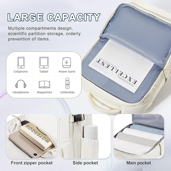 VECAVE Carry On Backpack for Women, Airline Approved Large Travel Backpack Flight Approved, Waterproof 14 Inch Laptop Backpack Business Work Backpacks Bag Men Mochila De Viaje Beige.