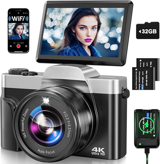 4K Digital Camera for Photography with WiFi, 2025 Latest Auto-Focus Vlogging Camera for YouTube Video 3'' 180° Flip Screen Travel Cameras 16X Zoom Anti-Shake 4K Cameras with SD Card, 2 Batteries