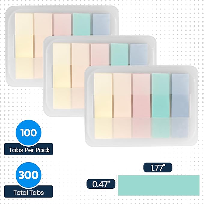 Essex Wares - 300 Pieces - Transparent Sticky Notes Tabs with Case - 5 Muted Colors - 3 Cases - 1.8" x 0.4" - 60 Pieces Each Color - Pop Up Index Tabs - Book Flags for Annotating - Book Sticky Tab