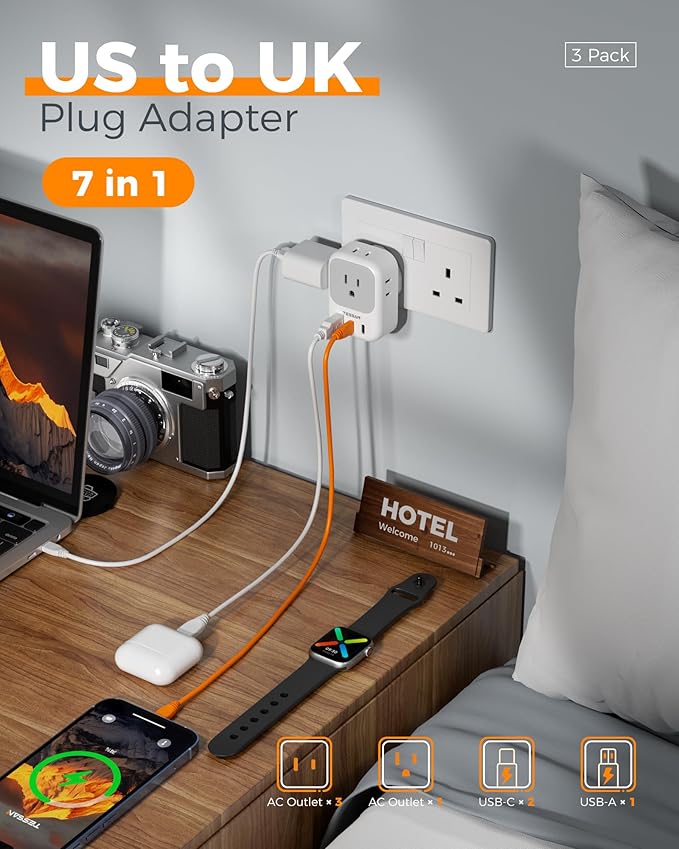 US to UK Plug Adapter 3 Pack, TESSAN Type G Adapter for Travel with 4 Outlets 3 USB (2 USB-C), Power Adaptor for US to UK Ireland London Scotland Kenya Dubai Singapore Hong Kong