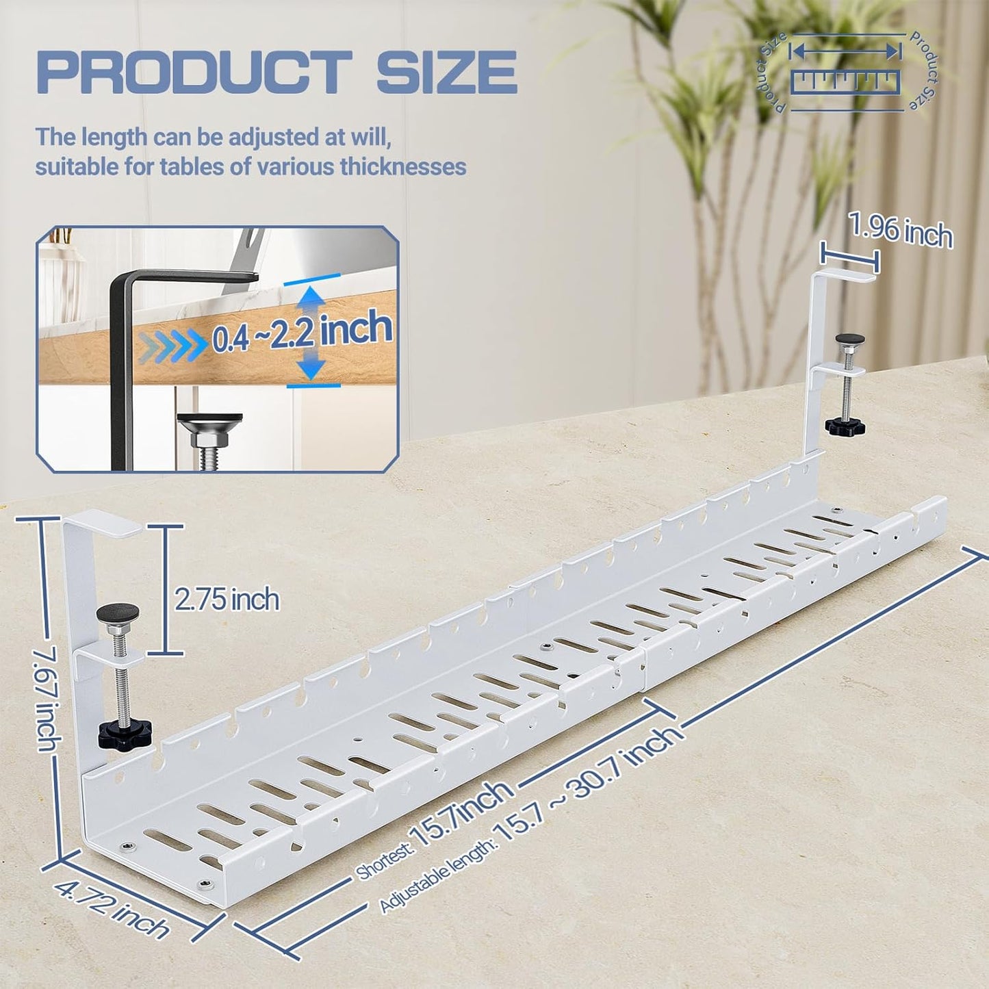 Shikha Under Desk Cable Tray, 15.7"-30.7" Retractable Under Desk Cable Management, No Drilling Cord Organizer with Clamp, Wire Management for Home Office -White