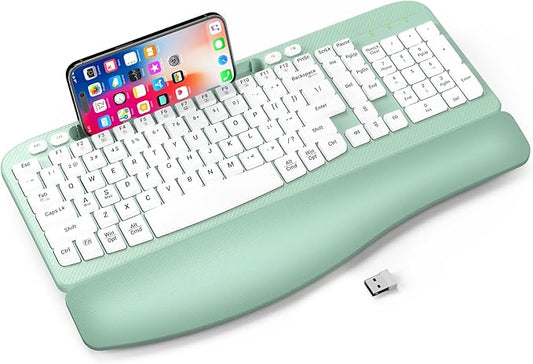 Ergonomic Wireless Keyboard with Cushioned Wrist Rest, Wave Keys, Phone Holder, Comfortable Natural Typing, 2.4GHz Full Size Cordless USB Computer Keyboard for Laptop, Mac, Windows (Mint Green)