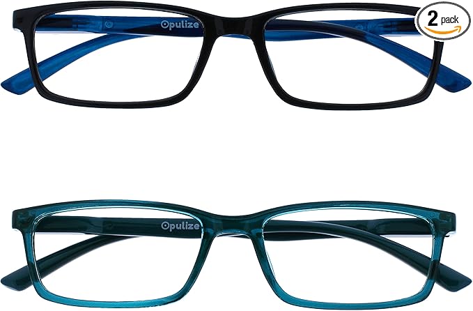 OPULIZE SEE Reading Glasses with Blue Light Blocking for Women and Men, Narrow Frame, Spring Hinges, Computer Gaming Glasses, Black,Turquoise +2 (Pack of 2)