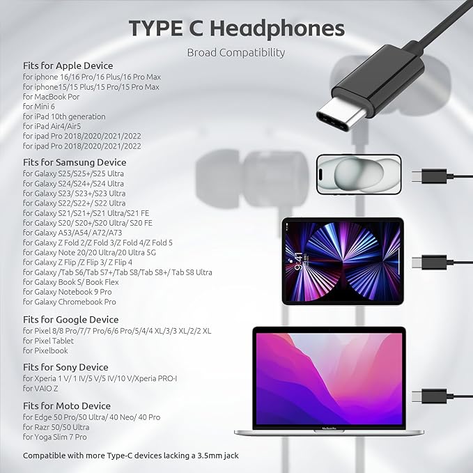 USB C Headphones for iPhone 15 16 Pro,for Samsung S20-S23 A53 A54 Type C Wired Earbuds,Built-in Microphone Hi-Fi Bass Earphones,4.9ft Long Cord Magnetic in-Ear Ear buds with 6 Ear Tips(Black)