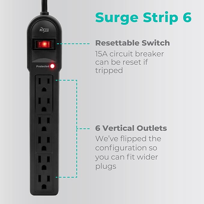 KMC 6-Outlet Surge Protector Power Strip 2-Pack, 900 Joules, 4-Foot Extension Cord, Overload Protection, Black