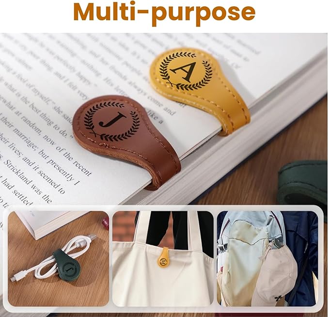 Personalized Magnetic Leather Bookmarks with Initial, 26 Letters Custom Handmade Magnet Book Marks Clips, Gifts for Reading Women, Men, Book Lovers, Kids, Readers Accessories