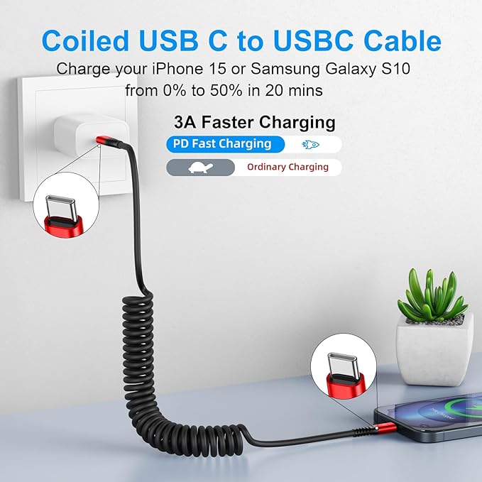 KIYODA Coiled USB C Cable for Car 3FT & 6FT, USB C to USB C Fast Charging Cable USB Type C Cord Compatible with iPhone 17/16/15/Plus/Pro/Pro Max/MacBook Pro 2020/iPad Pro 2020/Samsung Galaxy S23-Red
