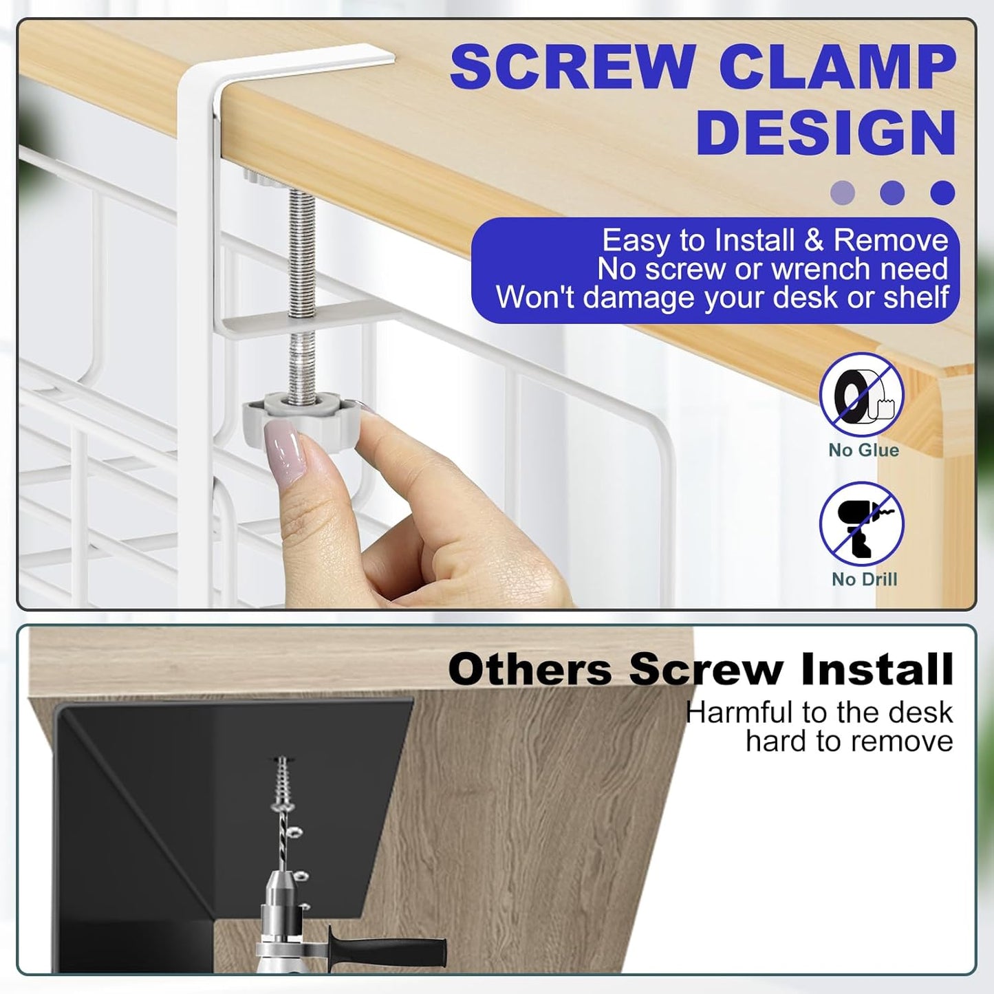 Under Desk Cable Management Tray, 15.7'' No Drill Steel Cable Tray Organizers, Wire Management Tray Cable Rack with Clamp Mount, Metal Under Desk Tray with Wire and Cord Organizer White（1pack