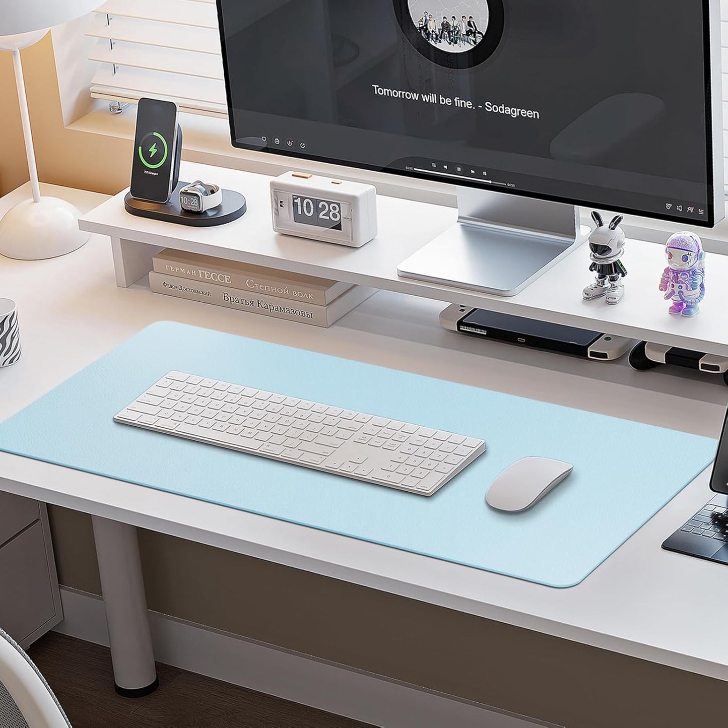 Boutilon Leather Desk Pad Protector,Non-Slip Mouse Pad,Laptop Desk Pad,Office Mouse Mat,Waterproof Leather Desk Blotter,Desk Writing Pad for Office and Home (XL-Light Blue,35.4"x 15.7")