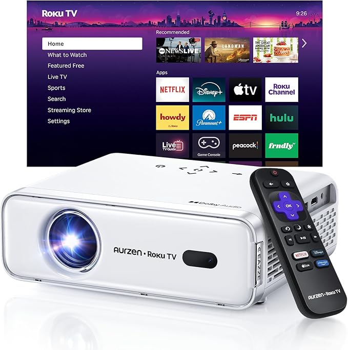 Aurzen Roku TV Smart Projector with Wifi and Bluetooth, Roku Streaming Experience Built-in, 1080P FHD, Dolby Audio, Auto Focus & Keystone, Zoom, Movie Portable Outdoor Mini Projector, White