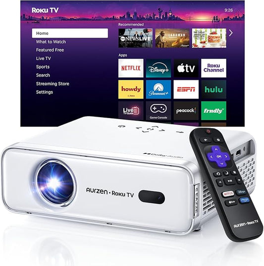 Aurzen Roku TV Smart Projector with Wifi and Bluetooth, Roku Streaming Experience Built-in, 1080P FHD, Dolby Audio, Auto Focus & Keystone, Zoom, Movie Portable Outdoor Mini Projector, White