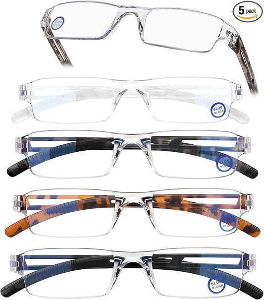AQWANO 5 Pack Rimless Computer Reading Glasses Blue Light Blocking, Fashion Clear Frames Lightweight & Comfort Readers for Women Men Anti Glare/Eyestrain, 2.5