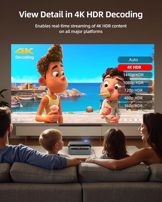 Daytime Projector 4K Ultra HD, Bright 1800ANSI High Lumen, HDMI ARC, HDR10+, Smart LED Android TV Projector' with WiFi Bluetooth Apps ToF Auto Focus Voice Remote, Ceiling for Home Theater Movie Gaming