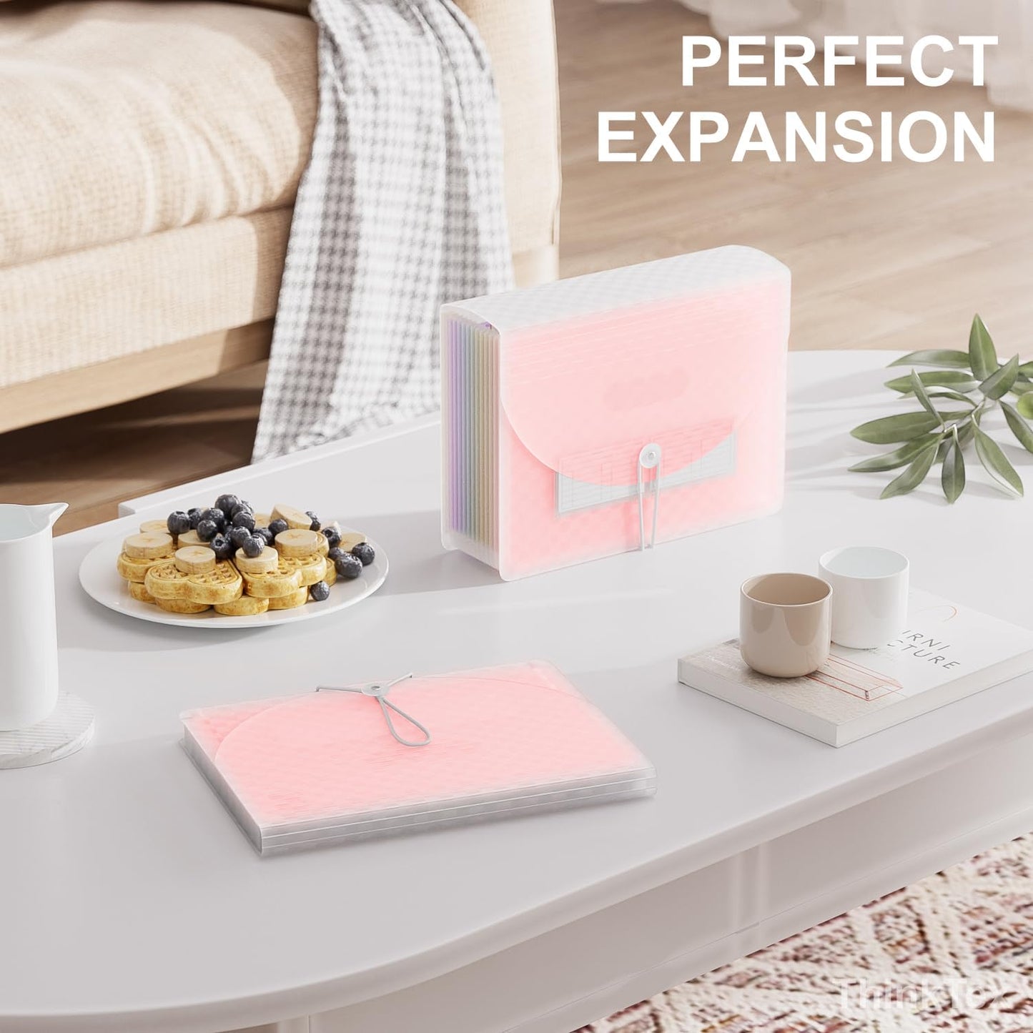 ThinkTex Accordion File Organizer, 12 - Pocket Expanding File Folders for Paper Receipts, Bills&Taxes Organizer, Letter/A4 Size Document Holder for School, Office, Home with Colorful tabs- Pink